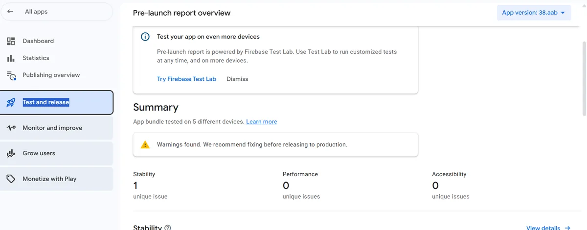 Pre-Launch Reports in Google Play Console